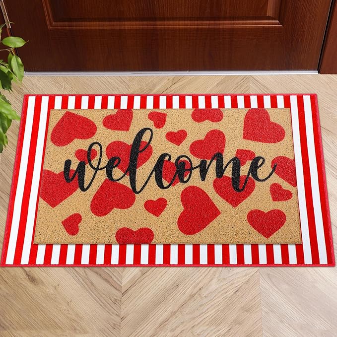 Tinideya 2 Pcs Door Mat Welcome Non Slip Coir Mats Floor Layering Doormats Seasonal for Front Porch Entryway Decor(Heart)