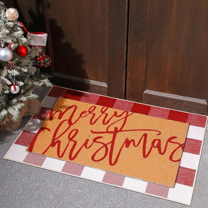 Tinideya 2 Pcs Door Mat Welcome Non Slip Coir Mats Floor Layering Doormats Seasonal for Front Porch Entryway Decor (23.6 x 35.4 Inches, Red White Plaid, Red White)