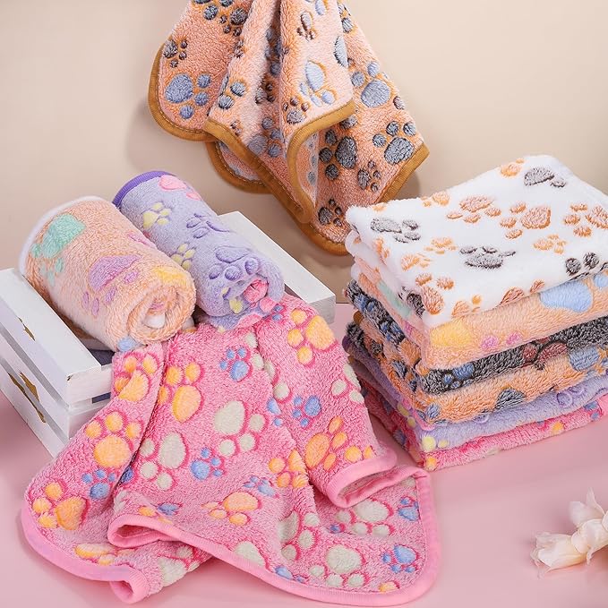 MCEAST 30 Pieces Fluffy Dog Cat Blanket with Paw Print 16 x 24 Inch, Washable Ultra-Soft Flannel Pet Throw Blankets for Small Animals, Cozy Puppy Bed Mat Warm Plush Bedding