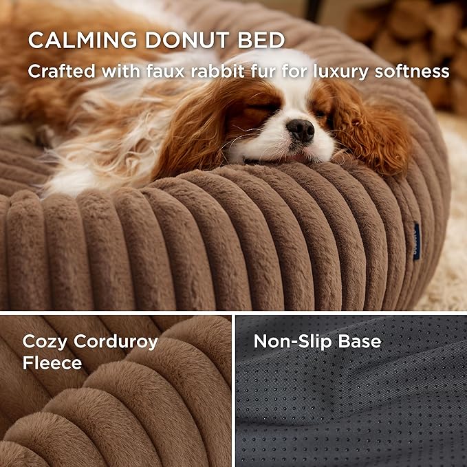 Bedsure ComfyFleece™ Donut Small Dog Bed - Dog Beds for Small Dogs with Corduroy Fleece & Anti Slip Bottom, Round Faux Fur Pet Beds with Washable Removable Cover, Camel Brown, 27x27x8 inches