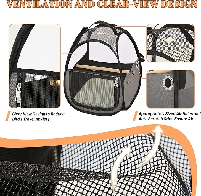 Bird Carrier for Travel with Clear Windows, Breathable Safe Fabric, Lightweight Small Bird Cage with Tray, Stand and Feeder, Portable Pet Bag for Parrot, Vet Visit, Outdoor, Small Animals