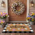 Tinideya 2 Pcs Spring Welcome Door Mat Outdoor Pink Flower Doormats for Front Door Non Slip Floral Layered Coir Mat Black White Check Spring Rug for Outside Front Porch Entryway Decor