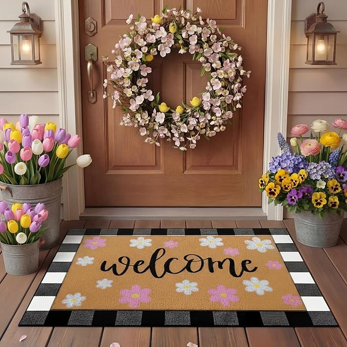Tinideya 2 Pcs Spring Welcome Door Mat Outdoor Pink Flower Doormats for Front Door Non Slip Floral Layered Coir Mat Black White Check Spring Rug for Outside Front Porch Entryway Decor