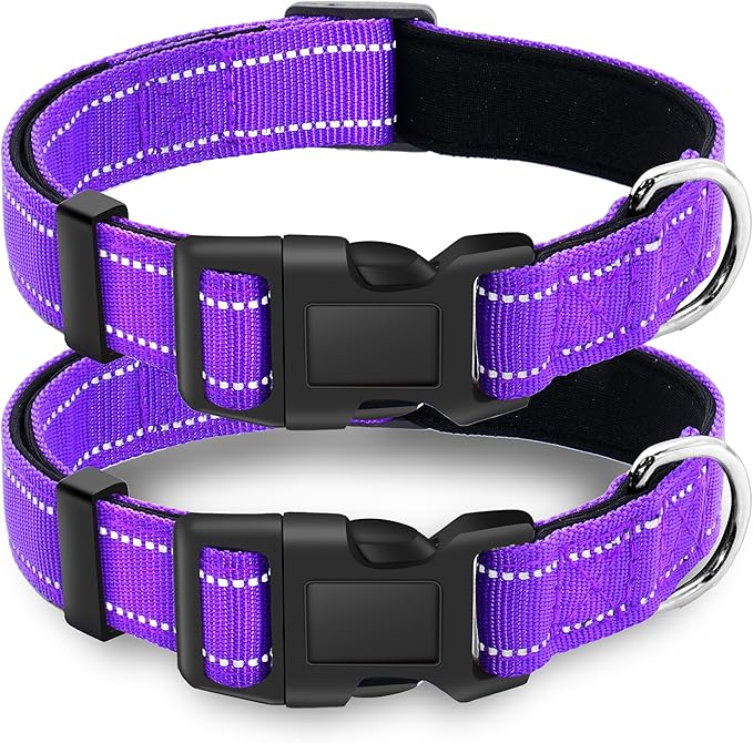 2 Pack Reflective Dog Collar with Safety Locking Buckle, Adjustable Soft Breathable Comfortable Nylon Pet Collar for Small, Medium and Large Dogs, Purple, L