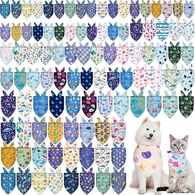 100 Pcs Dog Bandanas Bulk Hawaiian Dog Bandanas Summer 3 Sizes Washable Adjustable Scarf for Beach Small Medium Large Pet Supplies(Ocean)