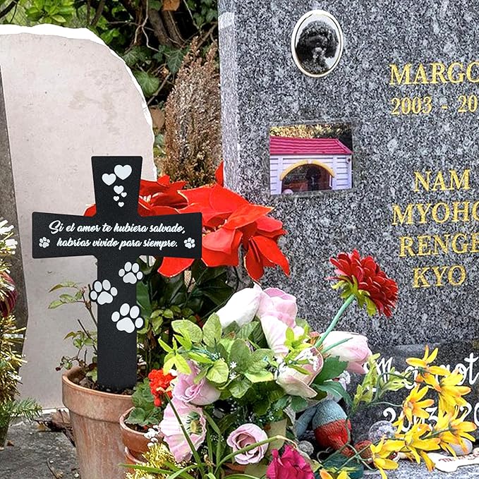 BUoonyer Spanish Cemetery Decorations for Grave - Spanish Pet Metal Memorial Grave Markers, Dog Cat Cross Garden Sympathy Plaque Stake, Remembrance Graveside Burial Decor Sign for Outdoor Outside Yard