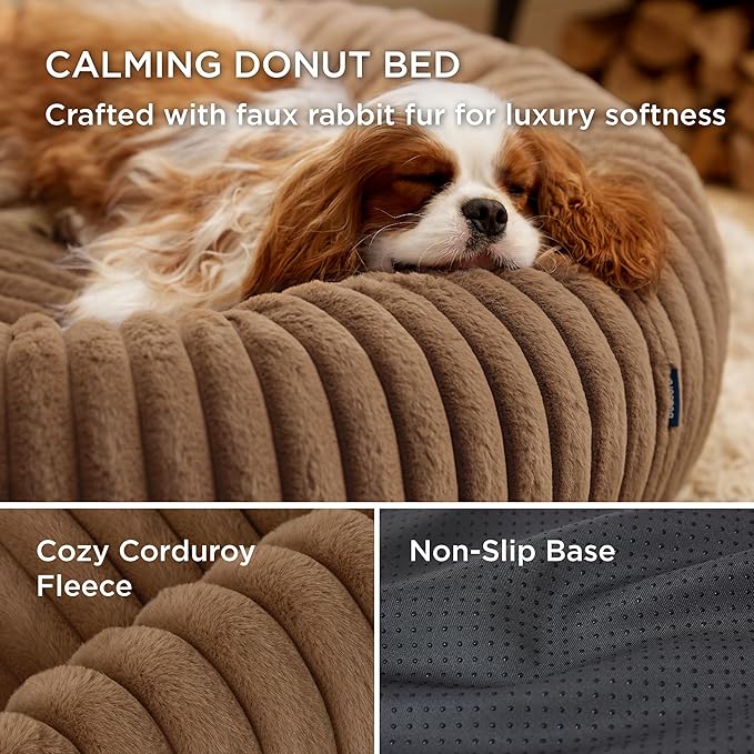 Bedsure ComfyFleece™ Donut Medium Dog Bed - Washable Faux Fur with Corduroy Fleece & Anti Slip Bottom, Round Pet Bed with Removable Cover, Camel Brown, 30x30x8 inches