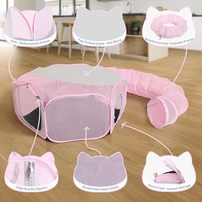 Outdoor Cat Enclosure, Portable Catio Playground for Cat, Outside Pet Enclosure with Mesh Tent, Circle Cat Playpen Tunnel for Indoor Cats & Small Animal, with Storage Bag
