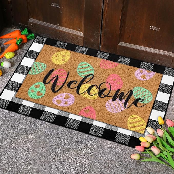Tinideya 2 Pcs Easter Day Door Mat Eggs Welcome Non Slip Coir Mats Holiday Black and White Plaid Floor Layering Doormats Seasonal for Front Porch Entryway Decor(Easter Eggs)