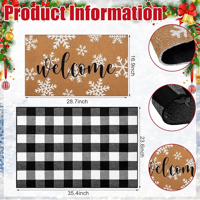 Tinideya 2 Pcs Winter Door Mat Outdoor Snowflake Welcome Mats for Front Door Non Slip Winter Coir Doormat Layering Black White Check Rug for Outside Front Porch Entryway Decor