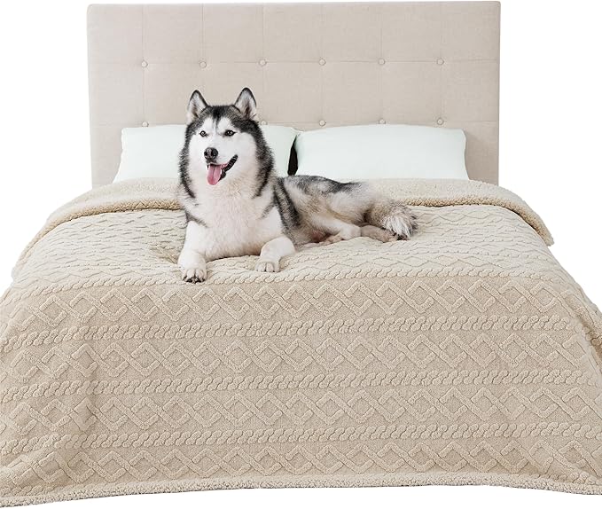 Bedsure Waterproof Dog Blankets for Bed - Pet Blanket for Bed Couch Protector Washable, Jacquard Coral Fleece Cat Throw Blanket, Soft Plush Reversible Furniture Protection, King, 86x108, Cream