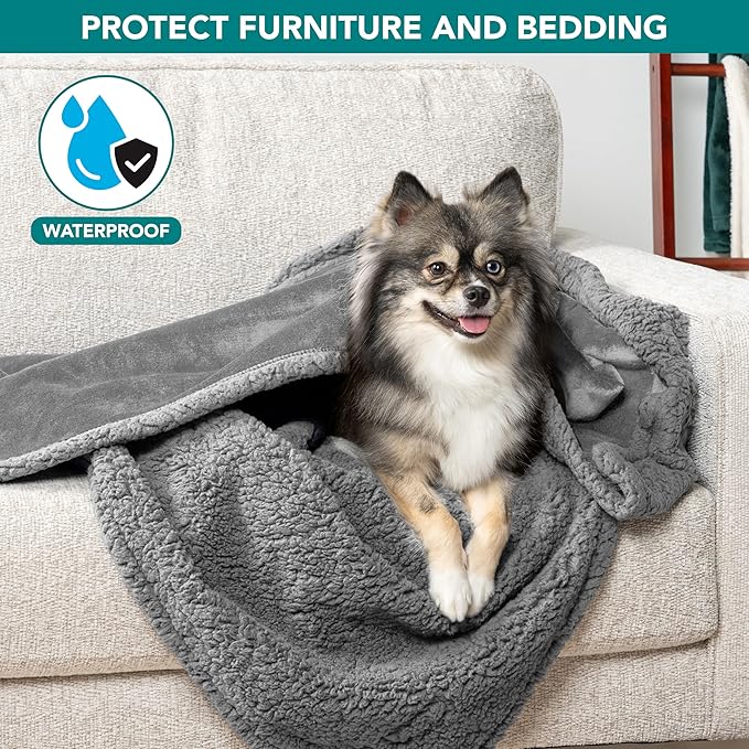 PetAmi Waterproof Dog Blanket for Small Medium Dog Puppy Cat Throw for Couch Cover Leakproof Protection, Sherpa Fleece, Reversible Soft Washable 29x40 Light Gray