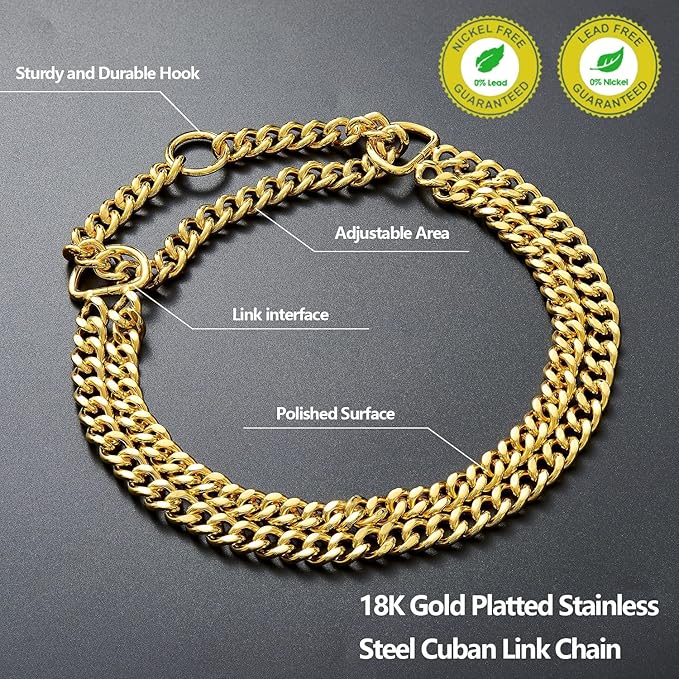 Stainless Steel 18K Gold Dog Collar - Adjustable, Chew Proof Cuban Link Chain Collar for Large, Small, Medium Dogs (XL 26" -28")