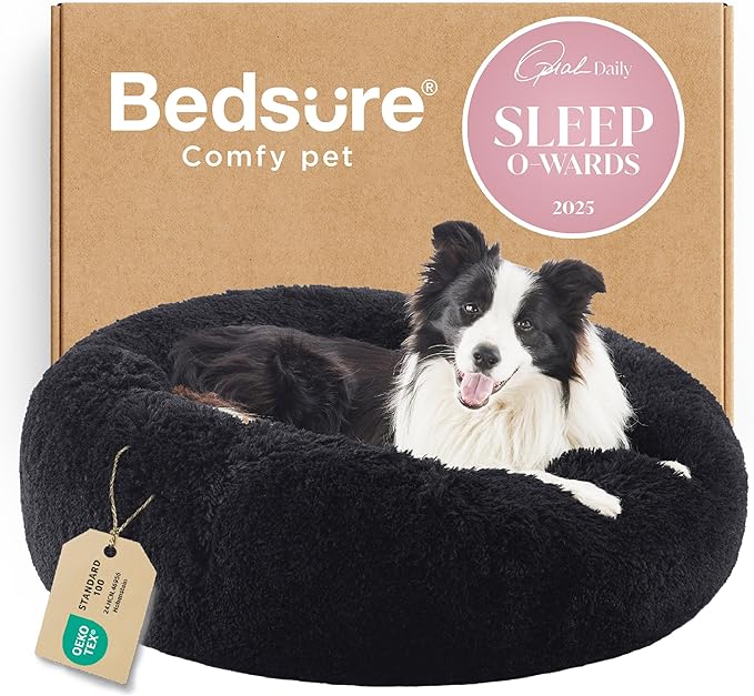 Bedsure Calming Dog Bed for Large Dogs - Donut Washable Large Pet Bed, 36 inches Anti-Slip Round Fluffy Plush Faux Fur Dog Bed, Fits up to 80 lbs Pets, Black