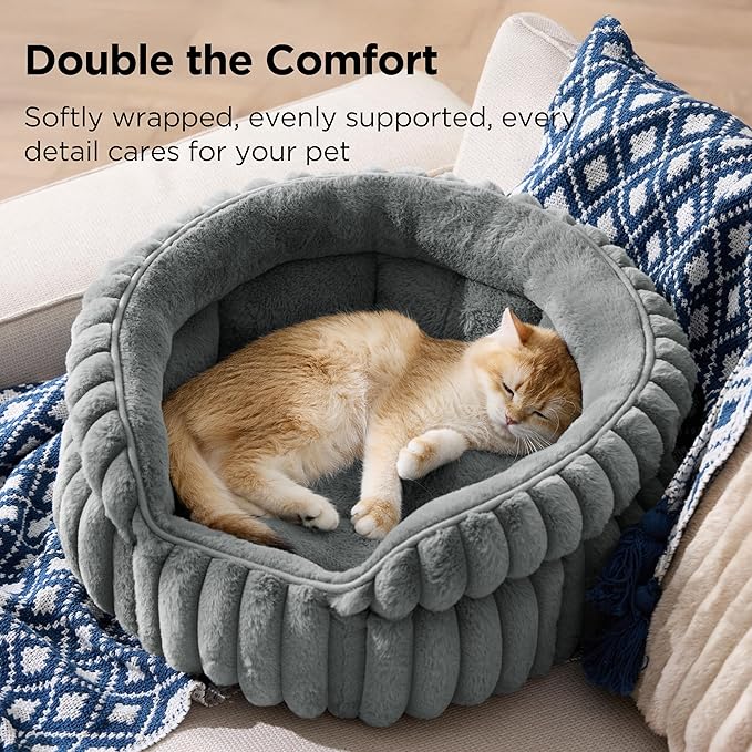Bedsure ComfyFleece™ Small Cat Bed, Washable Round Cute Pet Beds for Indoor Cats, Super Soft Corduroy Kitten Bed with Anti-Slip Bottom, 20''x20''x8'', Warm Gray