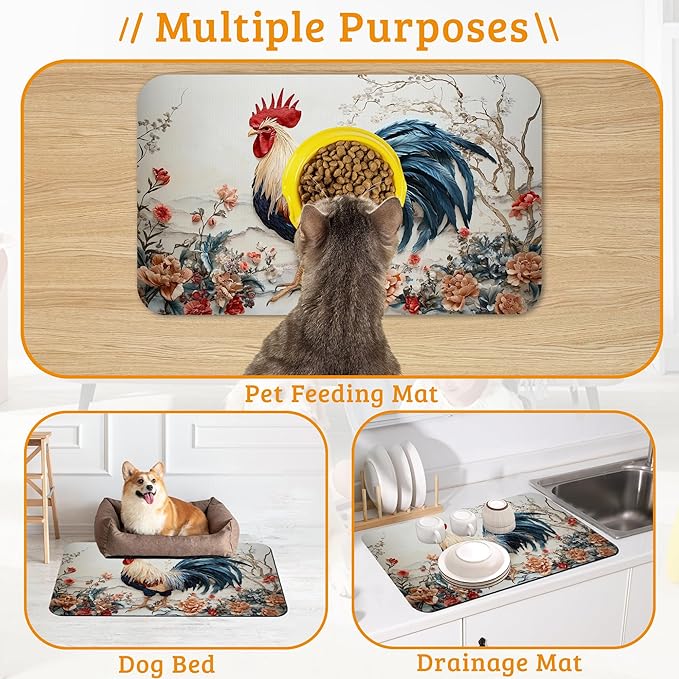 Dog Bowl Mat,Chicken Painting Pet Feeding Mat for Floors Waterproof,Flowers Absorbent Dogs Placemat for Food and Water Quick Dry Pet Cat Feeding Mats with Non Slip Bottom 16" x 24"