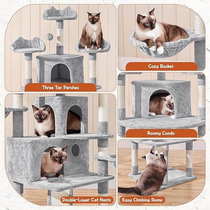 Yaheetech 76.5in Multi-Level Large Cat Tree, Big Cat Tower with 3 Condos, Cozy Plush Perches, 9 Sisal Scratching Posts and Ladder, Activity Center for Large Kitties, Light Gray