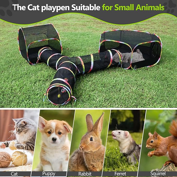 Outdoor Cat Enclosure with Cat Tunnel, Tent, Playhouse and Cat Toy Ball with Bell - Portable Indoor/Outdoor Playpen for Small Cats & Animals