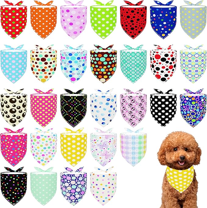 30 Pcs Polka Dot Dog Bandanas for Small Dogs Stitch Dog Bandana Bulk Reversible Print One Side Polyester Puppy Scarves Party Grooming S