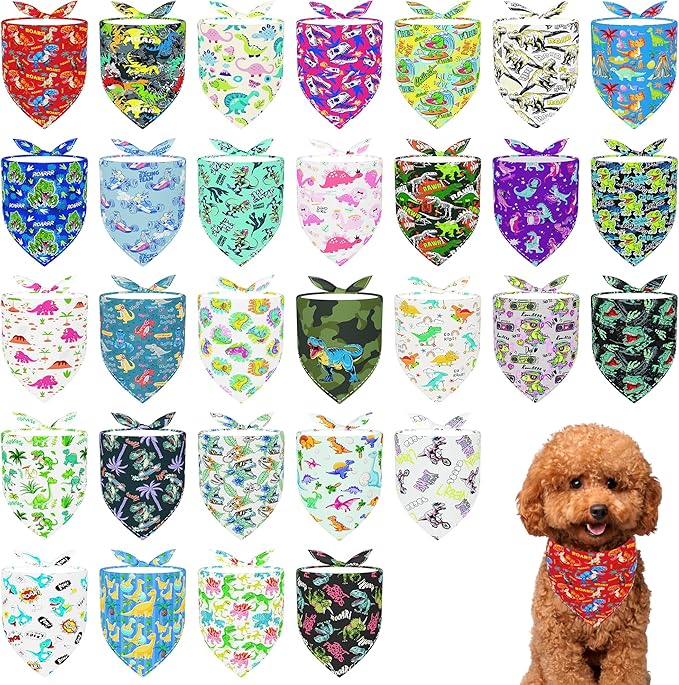 30 Pcs Dinosaurs Dog Bandanas for Small Dogs Stitch Dog Bandana Bulk Reversible Print One Side Polyester Puppy Scarves Party Grooming S