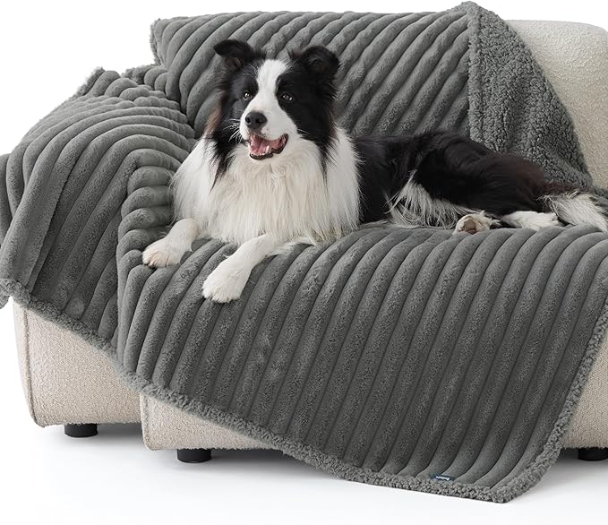 Bedsure ComfyFleece™ Waterproof Dog Blankets for Large Dogs - Soft Pet Cat Blanket Corduroy Fleece for Couch Bed Protector Washable, Cozy Calming Reversible Furniture Protection,50"x60", Warm Grey