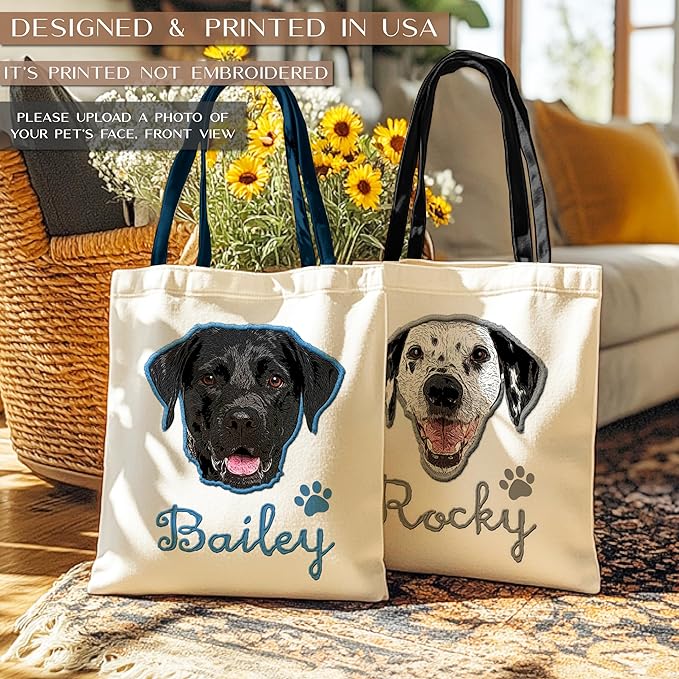 Personalized Canvas Pet Tote Bag for Dog & Cat Owners - Custom Gift with Photo & Name - Present for Dog Moms & Cat Dads