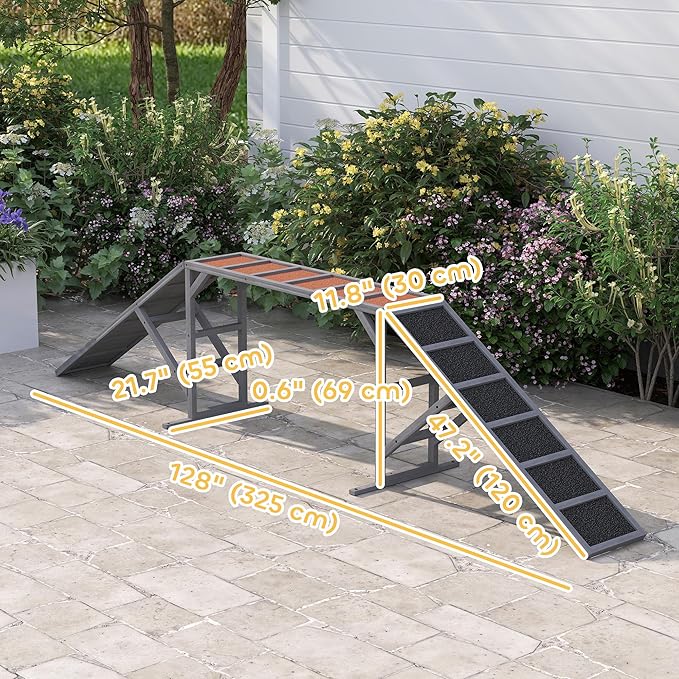 PawHut Wooden Dog Agility Equipment with Safety Bar, Non-Slip Surface, Dog Playground Ramp, Pet Obstacle Course for Backyard, Park, Walk and Pause Training, Gray