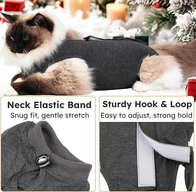 Cat Recovery Suit for Spay Abdominal Wounds, Kitten Onesie Bodysuit for Cats After Surgery, Cat Surgery Recovery Suit Female Cone of Shame Alternative for Cats Anti Licking (Dark Grey M)
