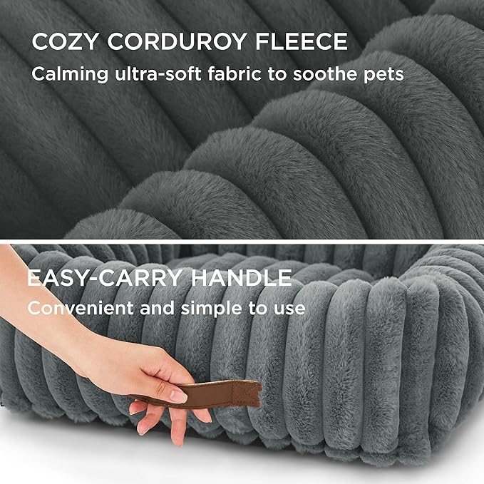 Bedsure ComfyFleece™ Cute Dog Bed for Large Dogs - Washable Furry Puppy Beds, Rectangle Orthopedic Corduroy Fleece Pet Beds with Removable Zipper Cover, 36x27x8inches, Warm Grey