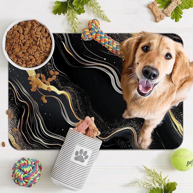 Marble Pet Feeding Mat,Black Gold Flowing Marble Absorbent Quick-Dry Cat Dog Food and Water Bowl Mats,Non-Slip Rubber Backing Mat,Cat Dog Accessories Supplies 12"x20"
