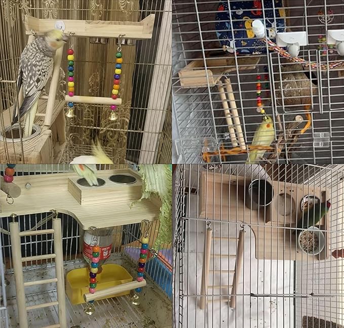 kathson Bird Perches Platform with Climbing Ladder and Swing,Parrot Cage Playground Toys with Food Cups,Parakeet Playing Gyms Wooden Exercise Training Stands for Budgie,Lovebird,Cockatiels