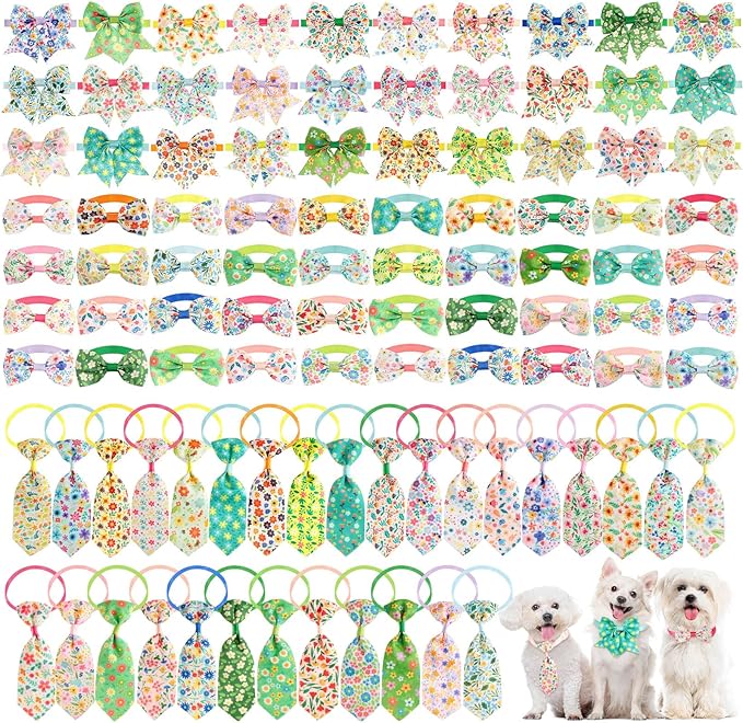 Reginary 100 Pieces Dog Bow Tie Collar Set Include 40 Dog Neckties, and 30 Puppy Bowties, 30 Collar Flowers, Adjustable Pet Ties Grooming for Small Medium Cats Pets Supply(Floral)