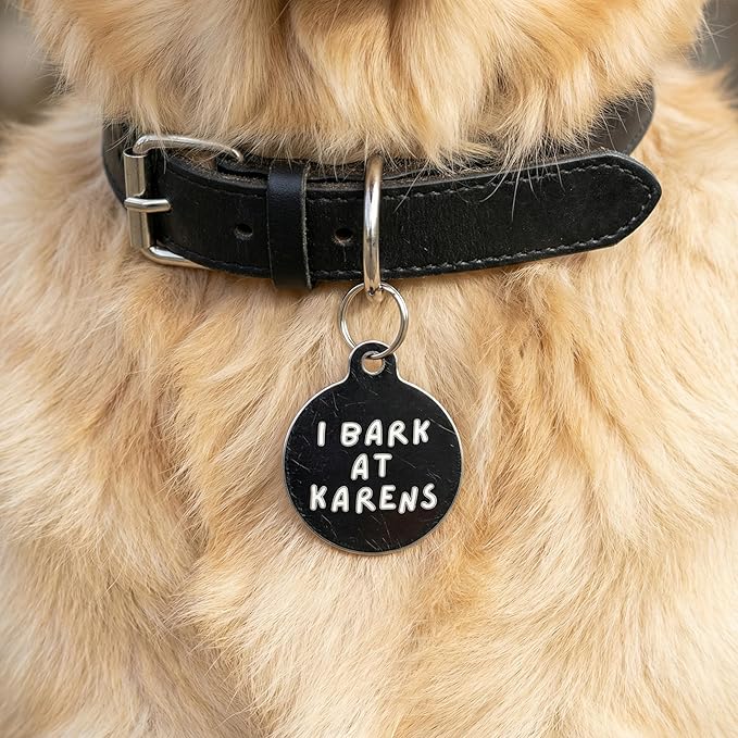 Bad Tags Personalized Dog and Cat ID Tags in 25+ Designs and 2 Sizes - 5 Lines of Custom Engraved Text - Funny Cute Personalized Pet Tags (I Bark At Karens, Small (1 inch))
