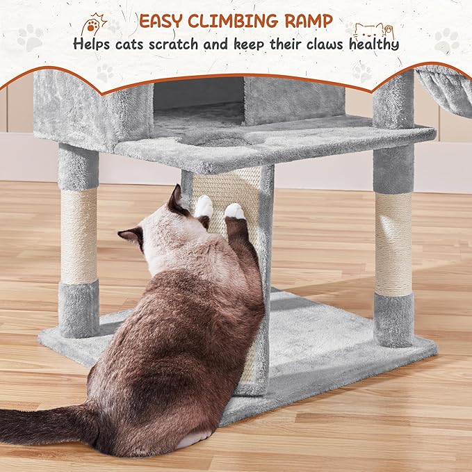Yaheetech 76.5in Multi-Level Large Cat Tree, Big Cat Tower with 3 Condos, Cozy Plush Perches, 9 Sisal Scratching Posts and Ladder, Activity Center for Large Kitties, Light Gray