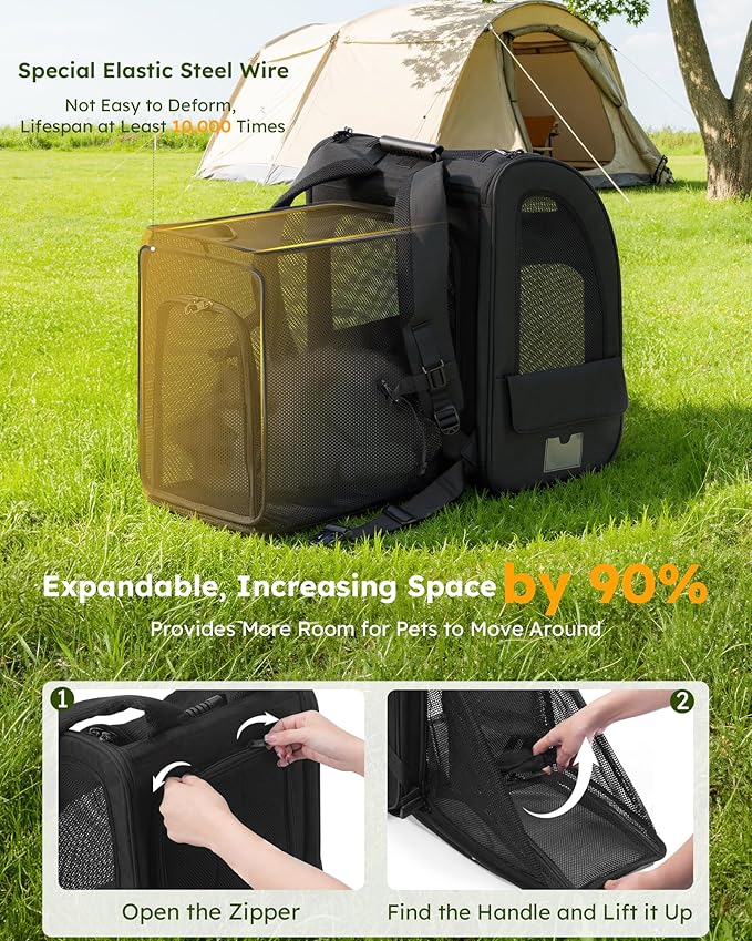 Pecute Cat Backpack Carrier XL, Expandable Pet Backpack for Cats & Small Dogs Up to 15lbs, with 4-Side Breathable Mesh, Multi-Entry & Lockable Zippers for Travel, Hiking, Camping - Hands Free, Black