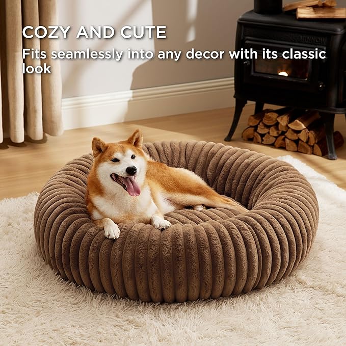 Bedsure ComfyFleece™ Donut Large Dog Bed - Washable Faux Fur with Corduroy Fleece & Anti Slip Bottom, Round Pet Bed with Removable Cover, Camel Brown, 36x36x8 inches