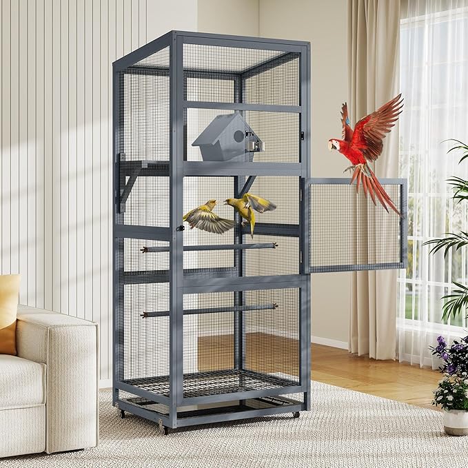 Coziwow 68" H Large Wood Bird Cage on Wheels, Outdoor Bird Aviary Indoor Wooden Large Bird Cage Parakeet Cage with Pull Out Tray and Feeder,Ideal for Small Birds,Finches,Parrots, Gray