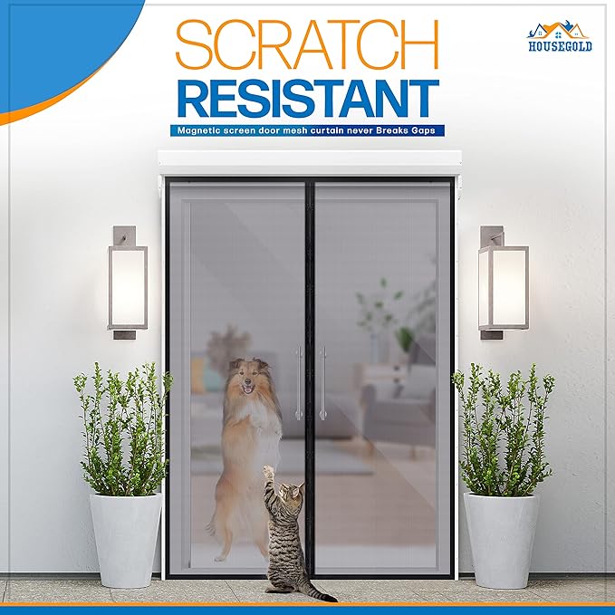 Magnetic Closure Screen Door for 62"x81" French Door Sliding Door Pet and Dog Friendly, Durable Fiberglass Mesh Double Door Screen Mesh Retractable Curtain, Keep Bugs. Mosquito Out, Fly Screen