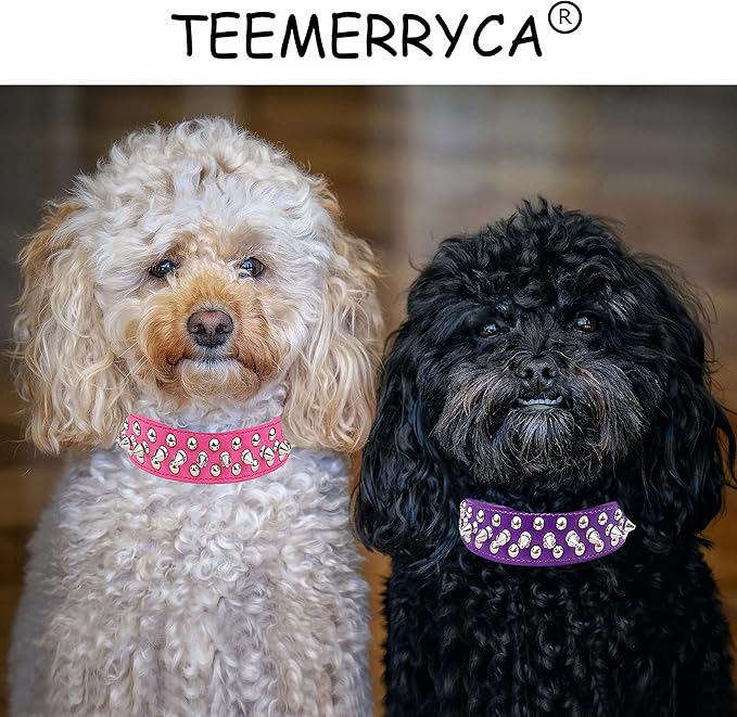 TEEMERRYCA Adjustable PU Leather Spiked Studded Dog Collars with a Squeak Ball Gift for Small Medium Large Pets Like Cats/Pit Bull/Bulldog/Pugs/Husky, Hot Pink, M 12"-15"