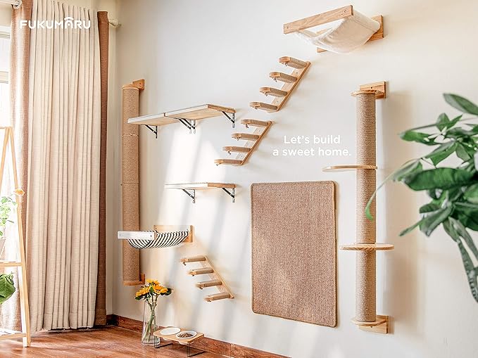 FUKUMARU Cat Climbing Shelf Wall Mounted, Four Step Cat Stairway with Jute Scratching for Kitten Perch Platform Walls Furniture - Left to Right