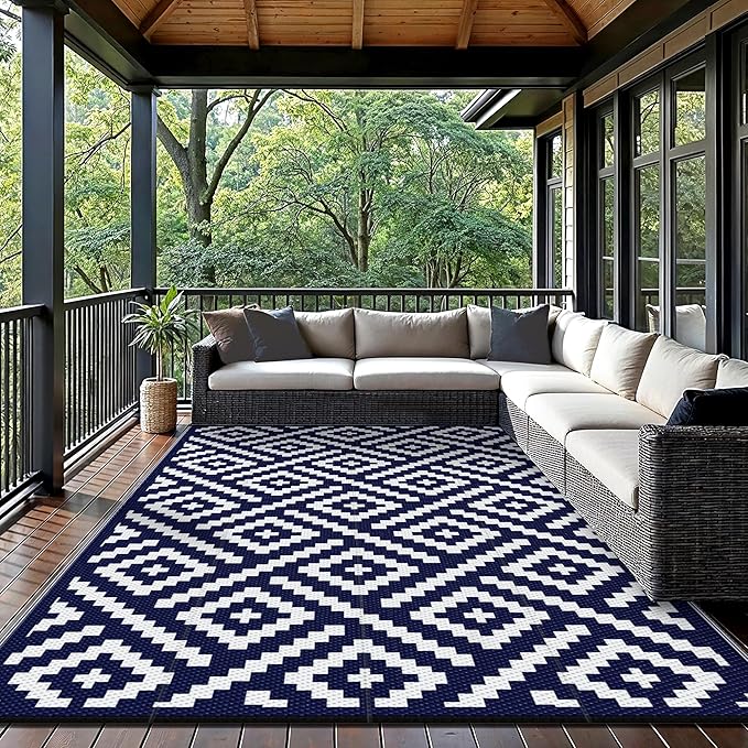 GENIMO 5x8 Outdoor Rug Waterproof, Reversible Mats, Area Rug, Plastic Outside Carpet, Geometric Rv Mat for Patio Camping Picnic Backyard Deck Balcony Porch Beach Trailer (Navy Blue & White)