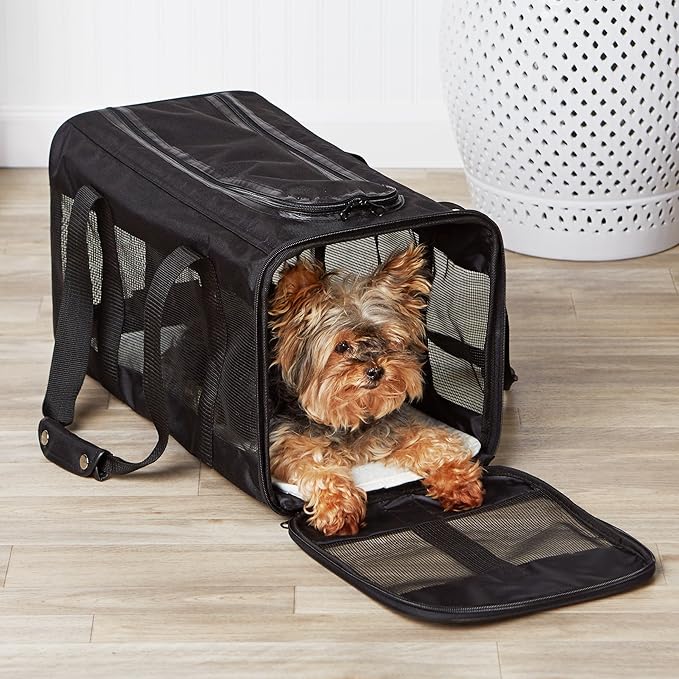 Amazon Basics Airline Approved Soft-Sided Mesh Pet Travel Carrier with Shoulder Strap, Removable Washable Fleece Pad, Top Opening, Ventilation for Dog, Cat, up to 22 pounds, 19.7Lx12Wx12H in., Black