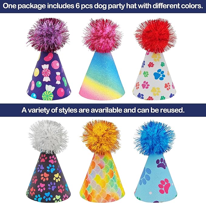 6pcs/Pack Mini Dog Party Hats for Small XS Cat Puppy Doggie Kitten Rabbit Stuffed Animals Birthday Holiday Party Grooming Accessories