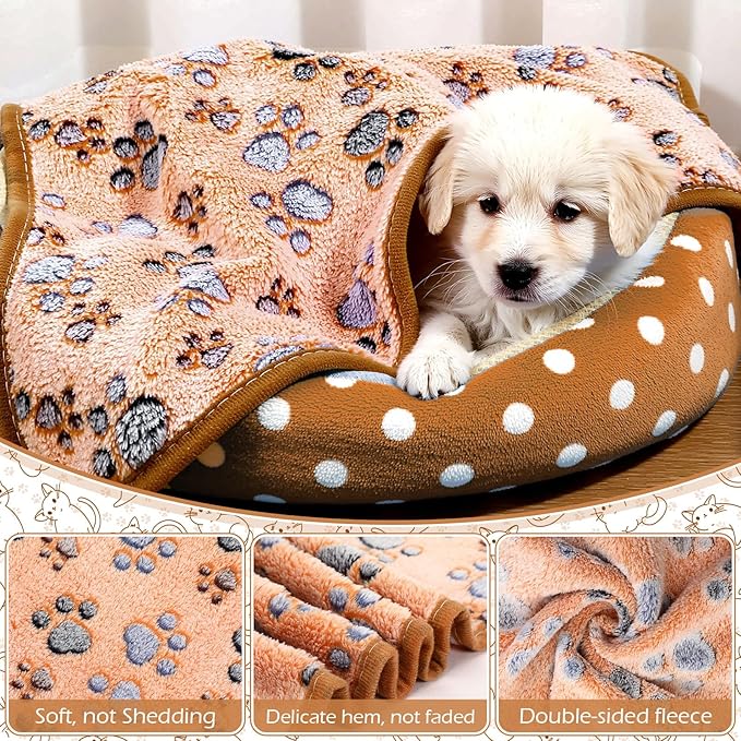 Tegeme 12 Pcs Pet Blankets Soft Fluffy Fleece Dog Cat Warm Paw Print Pattern Blankets Flannel Throw for Pets Dog Puppy Cat(30 x 20 Inch,Pink,Beige,Camel)