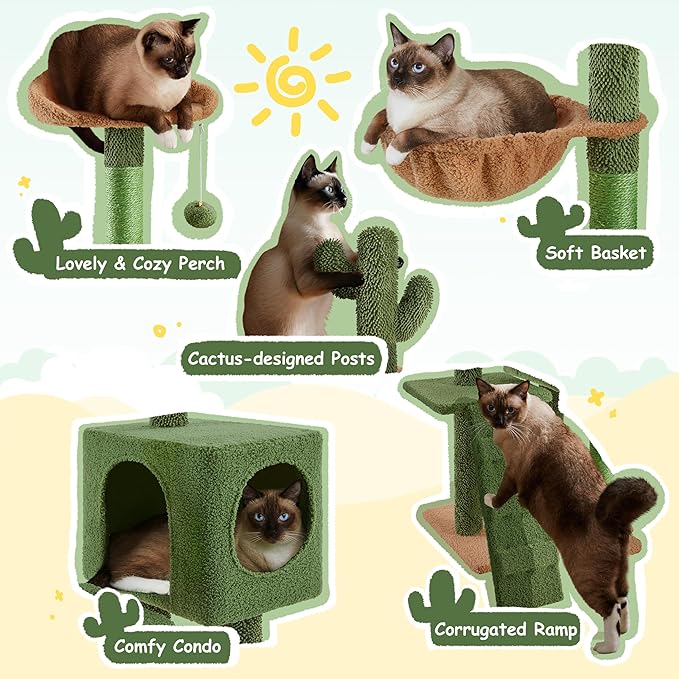 Yaheetech | Cactus Cat Tree | 59.5in Cat Tower w/Cute Perch, Cozy Condo, Convenient Climbing Ladder | Moppy Fabric-Covered Cat House for Indoor Cats | Green/Brown