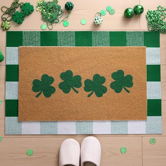 Tinideya 2 Pcs St. Patrick's Day Door Mat Shamrock Welcome Non Slip Green and White Coir Mats Floor Layering Doormats Seasonal for Front Porch Entryway Decor(Green White, St. Patrick's Day)