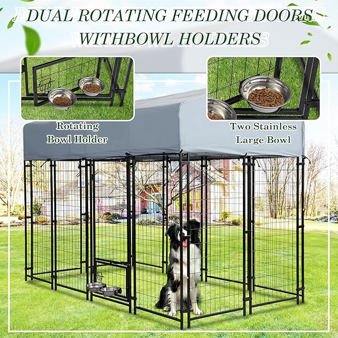 Grepatio Outdoor Dog Kennel for Large Dogs, 8x4x5.7 FT Dog Enclosure with Waterproof, Heavy Duty Welded Wire Steel Dog Playpen Fence with 2 Rotating Dogs Bowls, Outside Dogs Cage Run with Secure Lock