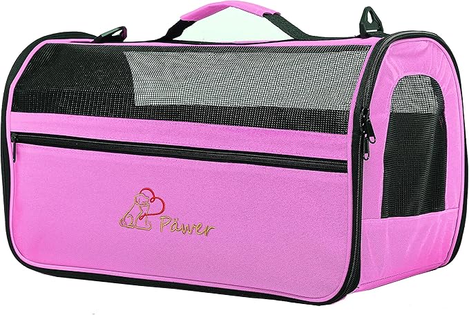 Pawer 18” x 10” x 10”Soft-Sided Foldable Airline Approved Pet Carrier for Cat, Puppy and Small Dog, Washable 600D Oxford Fabric, with Handle and Strap for Carry, Multiple Colors Available