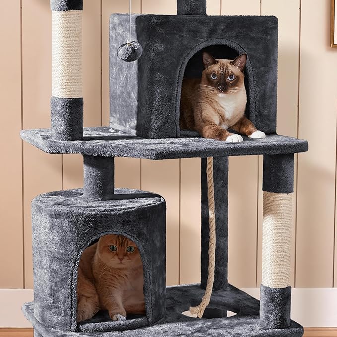 Yaheetech 70.5in Cat Tower, Multi Level Cat Tree Kitten Condo with 2 Condos & 2 Plush Perches & Scratching Post & Dangling Ball for Medium/Large Cats Dark Gray