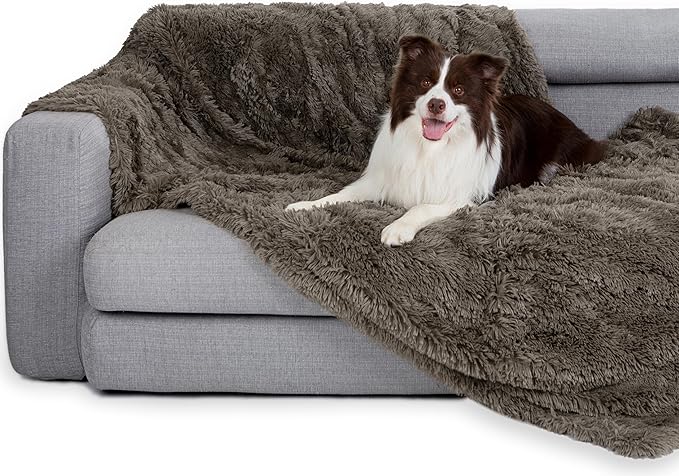 gogobunny Waterproof Dog Blanket for Couch & Furniture Protection - Super Soft Reversible Throw for Large Dogs & Cats, Calming Washable Fur & Sherpa Pet Blanket (50x60 Inch, Stone)